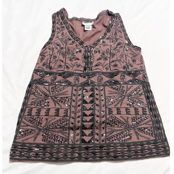 Talbots Collection Sequin Embellished Aztec Embroidered Tank Top Brown Size M - Picture 1 of 7
